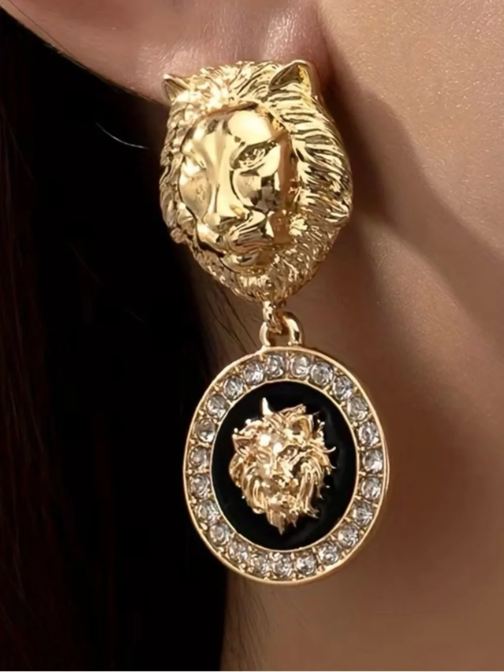 Gold Lion Head Drop Earrings w/ Black Disc Stud Statement Women’s Fashion NWT - Picture 4 of 6